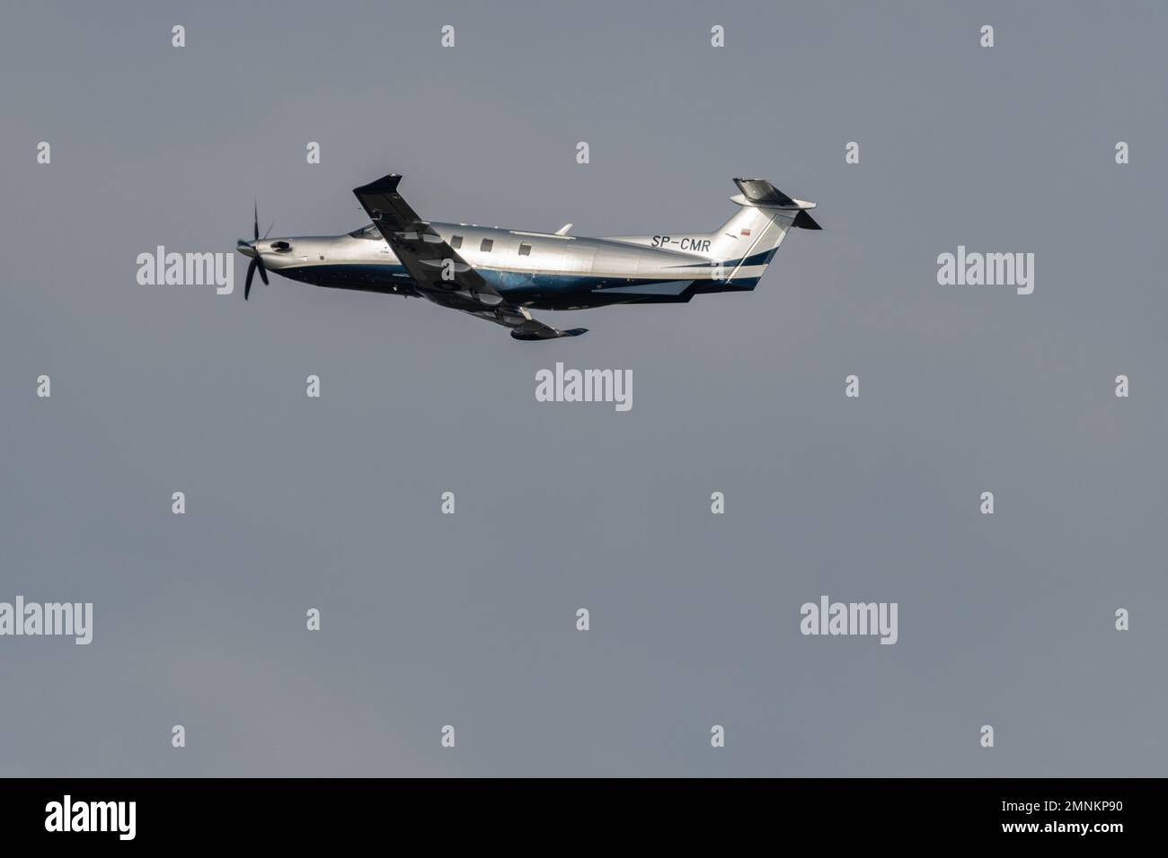 Zurich, Switzerland, January 19, 2023 Pilatus PC-12 NGX propeller plane is departing from runway 28 Stock Photo
