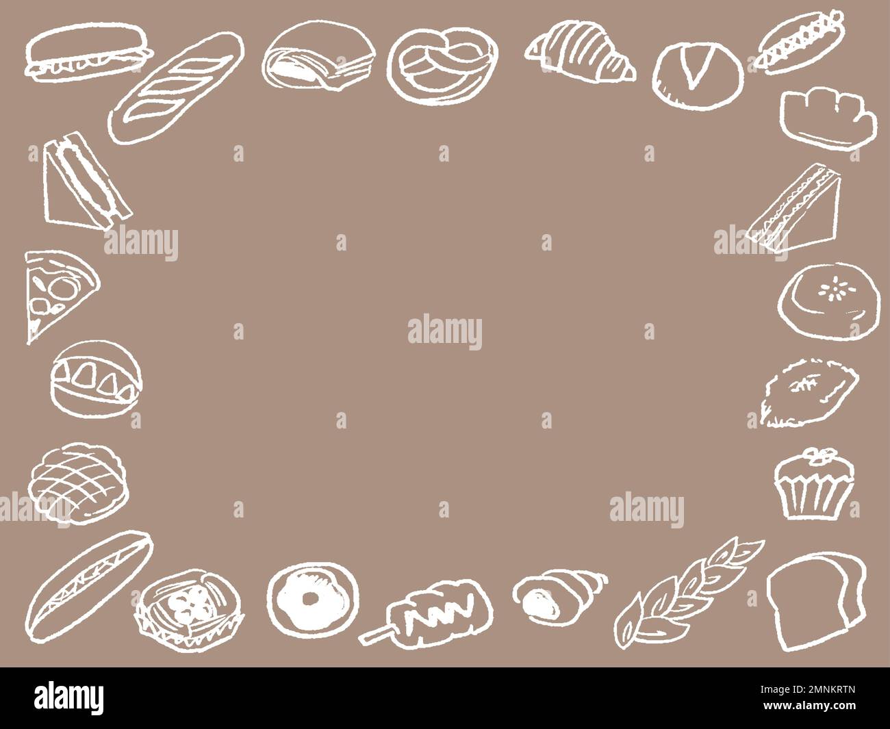 Hand drawn line drawing frame of various bread.  Illustrations of delicious-looking bread such as bread, visas and sandwiches. Stock Vector
