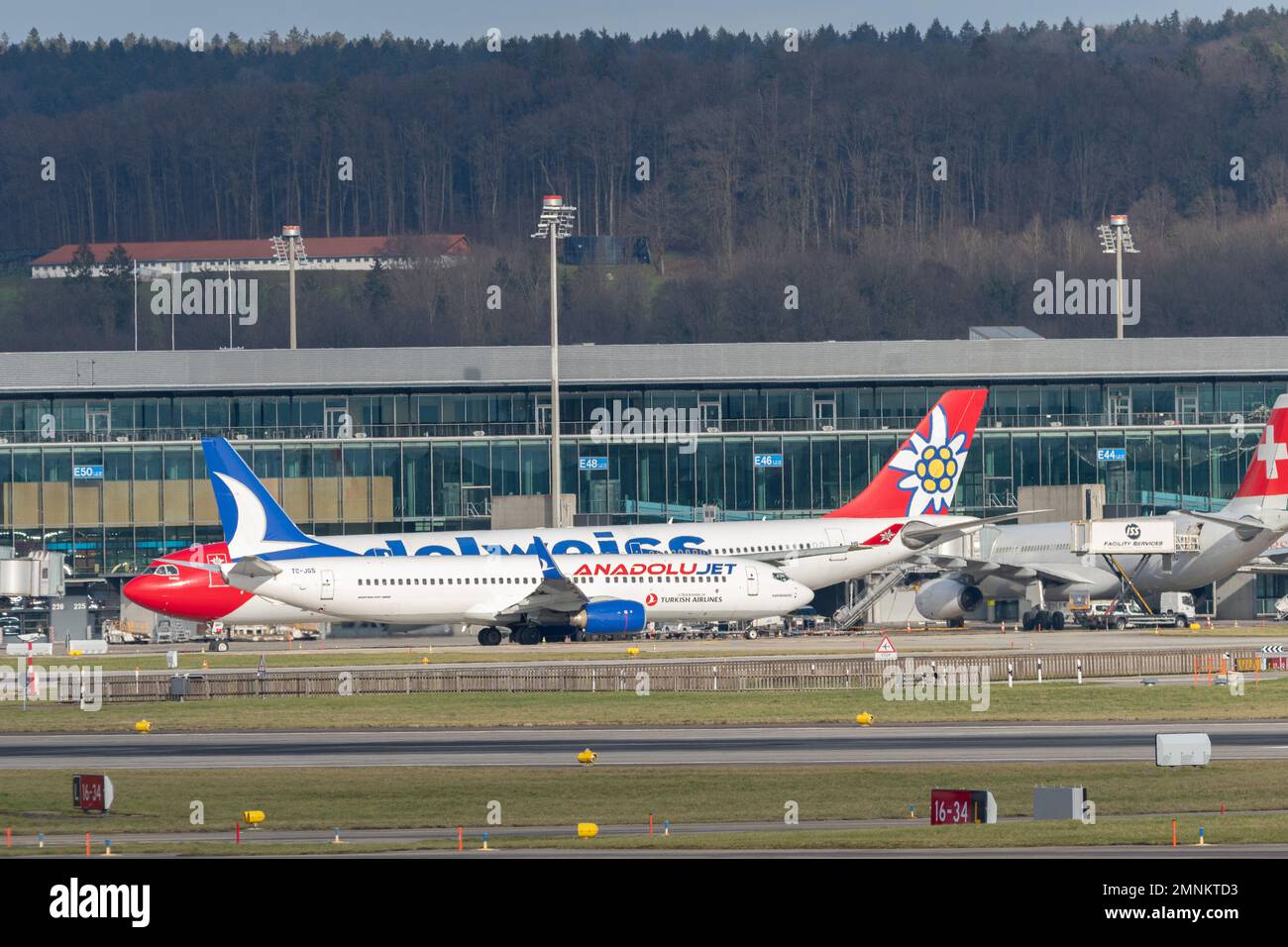 Zurich, Switzerland, January 19, 2023 Anadolu jet Boeing 737-8F2 aircraft is taxiing to its position Stock Photo