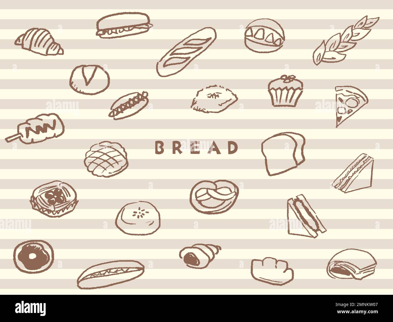 Hand-drawn line drawings of various breads. Striped background.  Illustrations of delicious-looking bread such as bread, visas and sandwiches. Stock Vector
