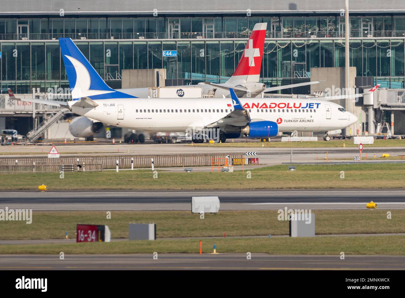 Zurich, Switzerland, January 19, 2023 Anadolu jet Boeing 737-8F2 aircraft is taxiing to its position Stock Photo