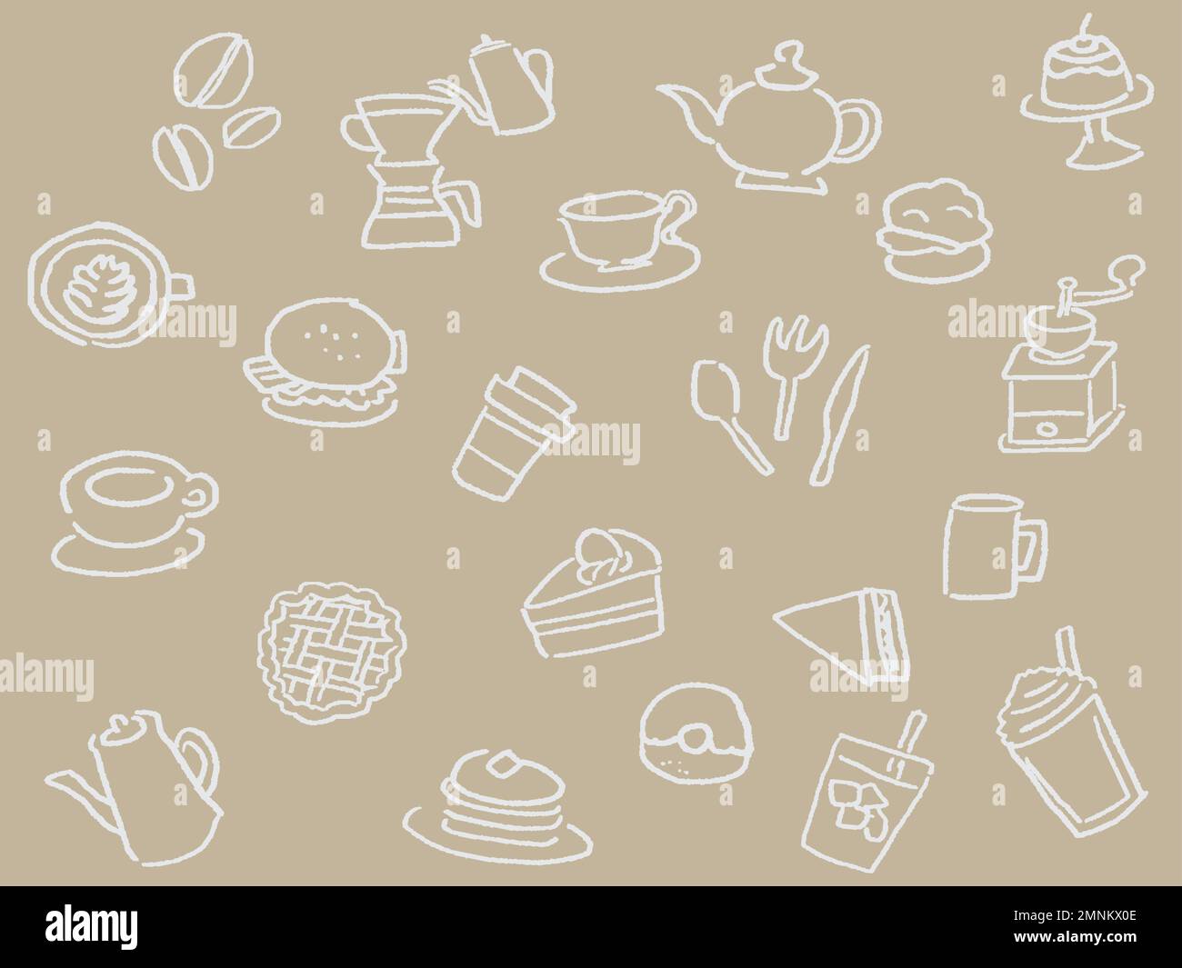 Cafe line drawing icon set.  White outline on light brown background.   Line drawings of various sweets and coffee Stock Vector