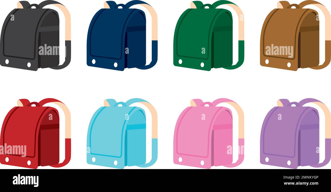 Illustration of 8 colorful school bags. It has no outline.   (Black, navy blue, green, brown, red, light blue, pink and purple.) A bag used by Japanes Stock Vector
