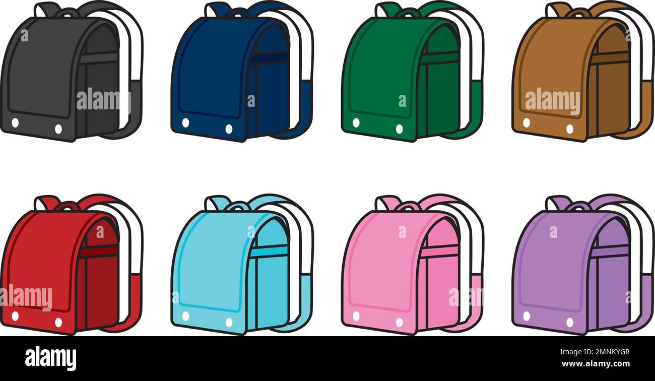 Illustration of 8 colorful school bags. It has an outline.   (Black, navy blue, green, brown, red, light blue, pink and purple.) A bag used by Japanes Stock Vector