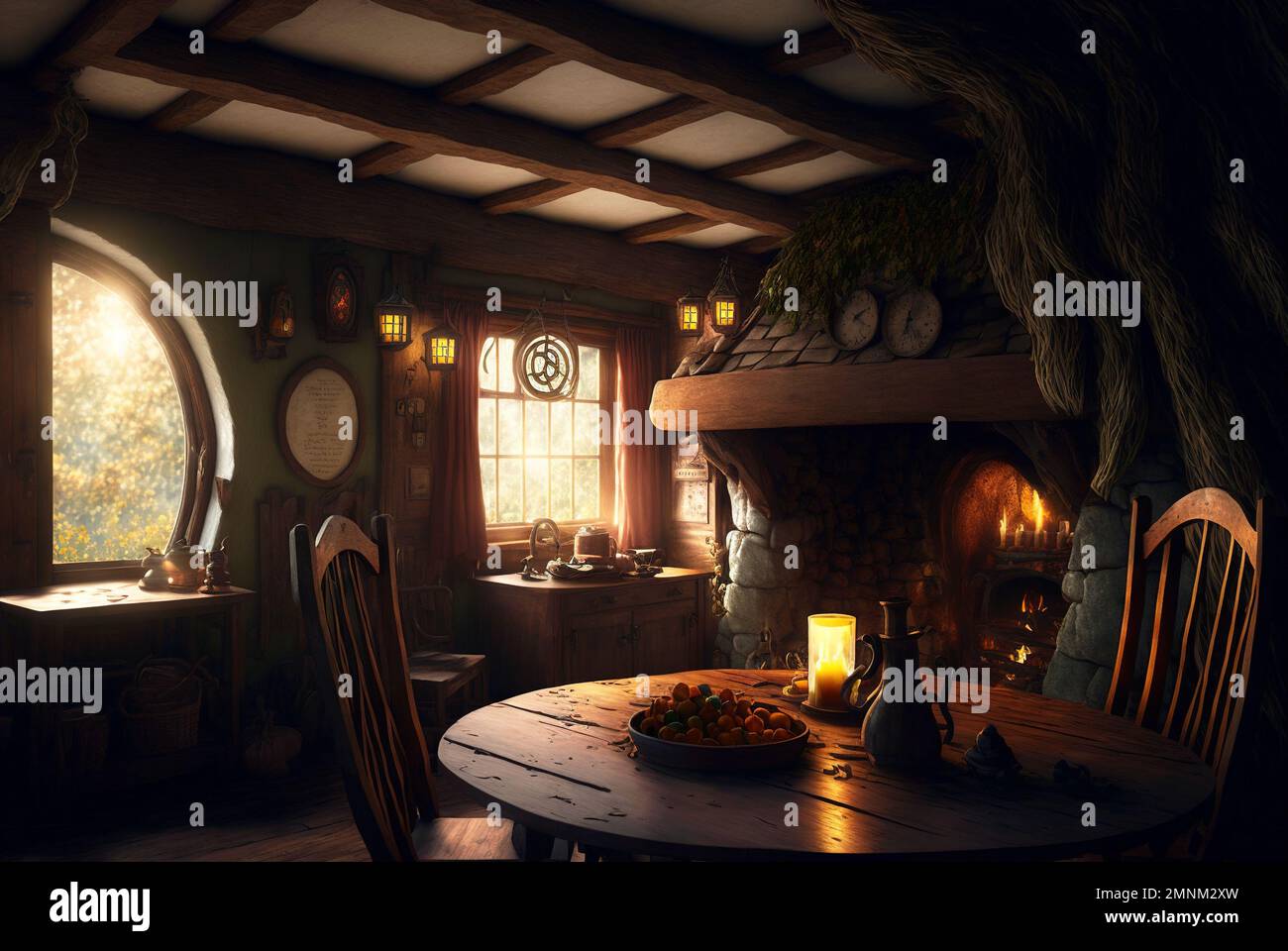 Hobbit house interior, candles, lamps and fireplace inside fantasy hut, generative AI. Vintage room with wooden tables in dark fairytale habitation. T Stock Photo