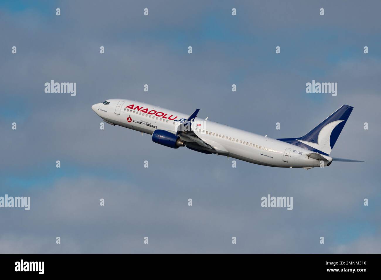Zurich, Switzerland, January 19, 2023 Anadolu jet Boeing 737-8F2 aircraft is departing from runway 28 Stock Photo