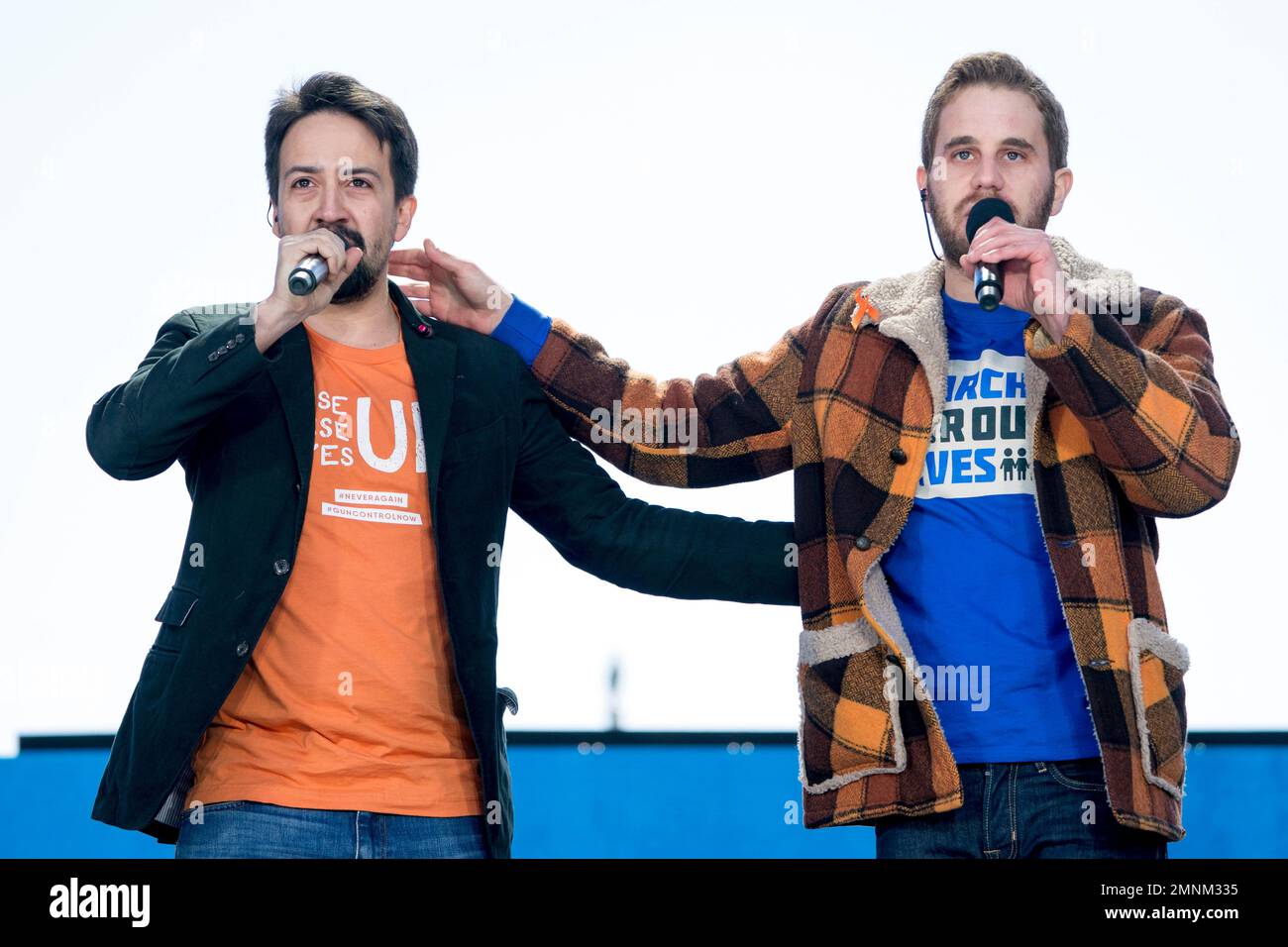 Lin Manuel Miranda and Ben Platt perform Found Tonight during the March for Our Lives rally in support of gun control in Washington Saturday March 24 2018. AP Photo Andrew Harnik Stock Photo