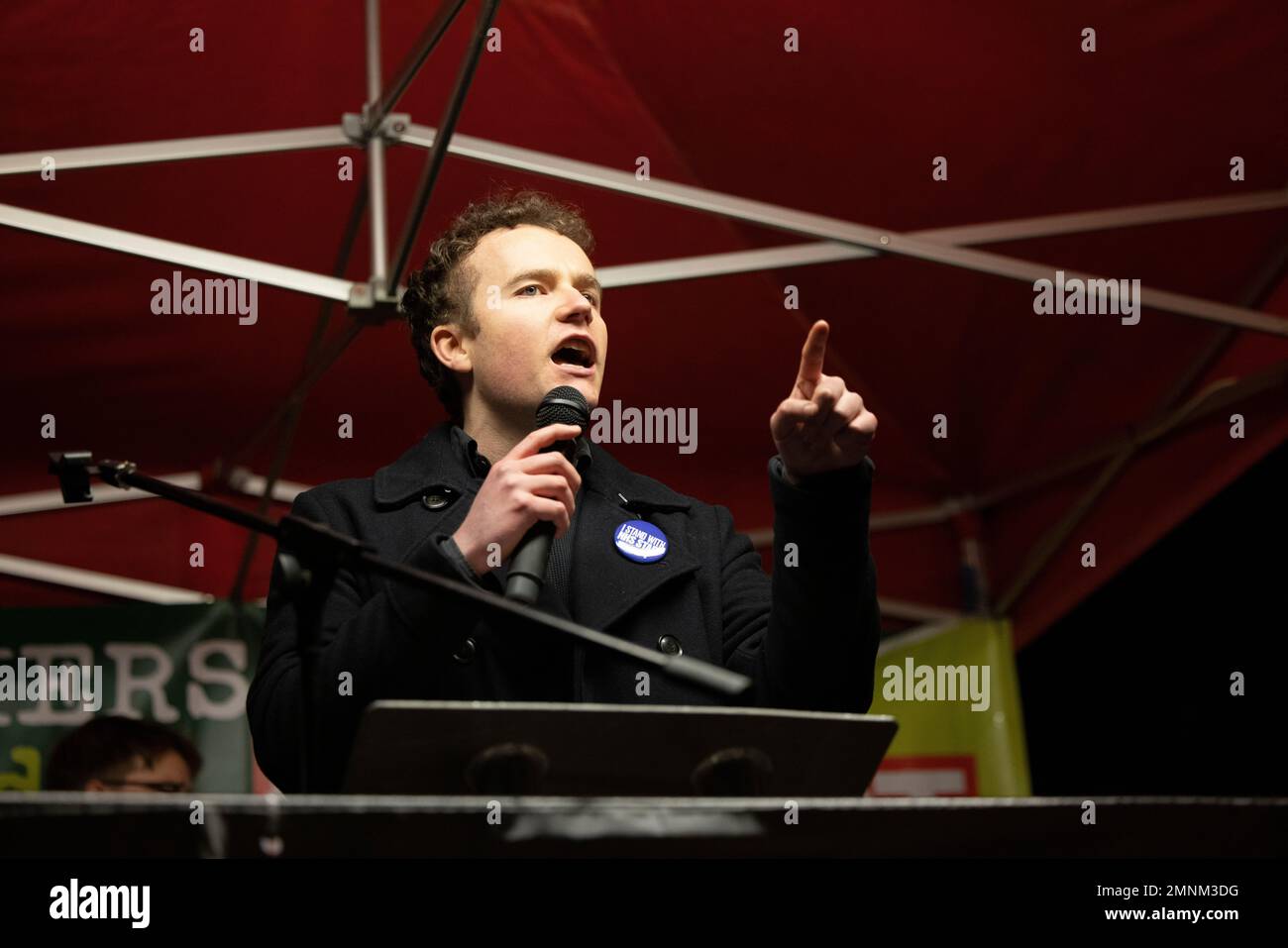 London, UK. 30th Jan, 2023. Charlie Whelton, the Policy and Campaigns Officer at Liberty Human Watch, is seen giving a speech during the Enough is Enough protest. A protest called by by various UK Trade Unions took place outside the Downing Street in response to the ongoing debate of Anti-strike Bill and Public Order bill in the House of Common in the UK Parliament. These bills are threatening the rights of protest and strike by civilians. Credit: SOPA Images Limited/Alamy Live News Stock Photo