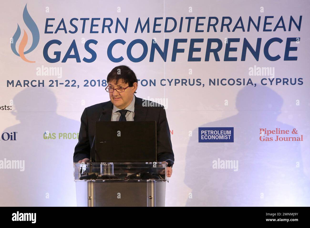 Eni's Chief Exploration Officer Luca Bertelli talks during the Eastern  Mediterranean gas conference in capital Nicosia, Cyprus, on Wednesday,  March 21, 2018. A senior official with Italian company Eni says the fastest