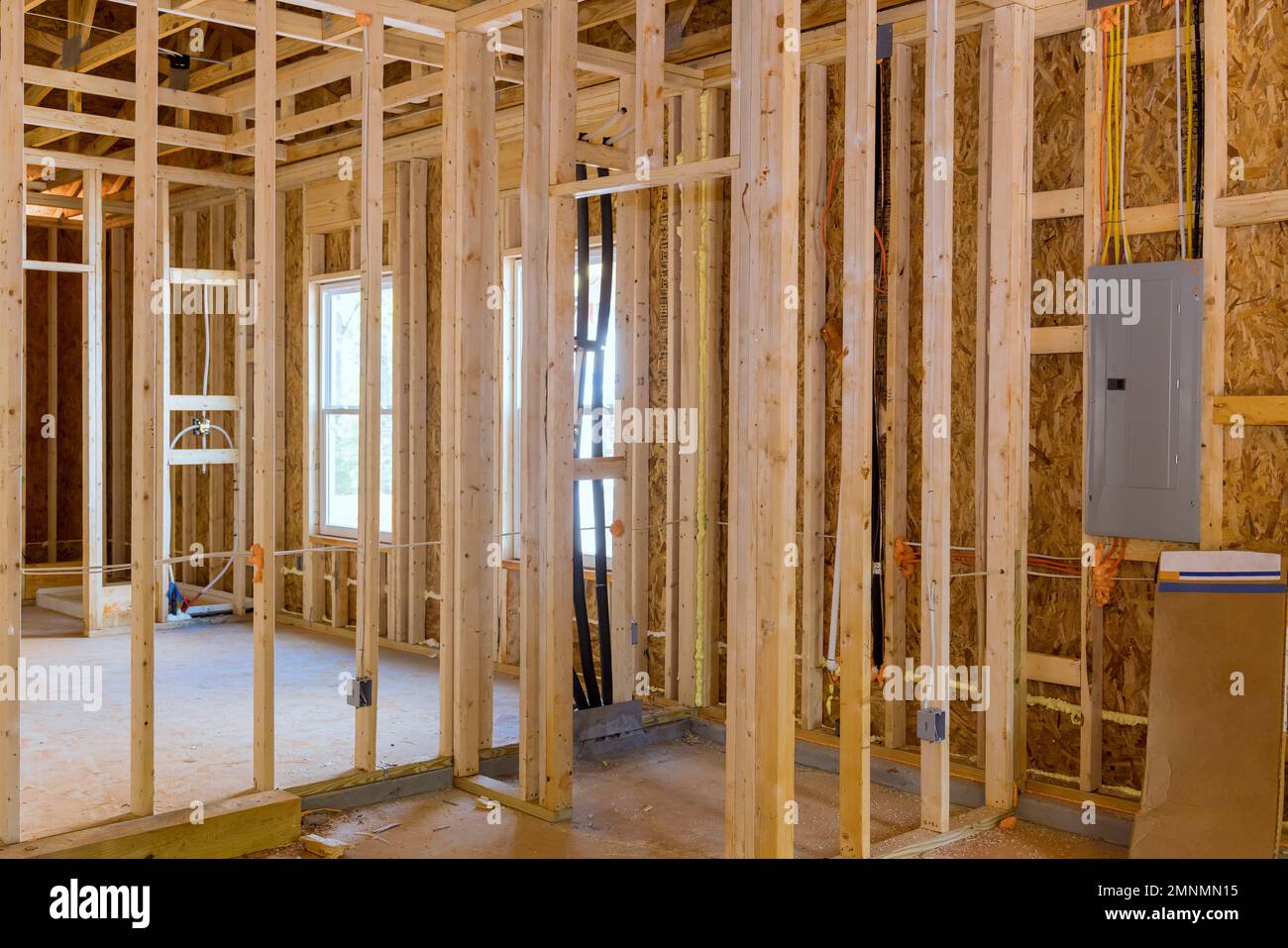 Framing beams in residential construction house frame an unfinished wooden frame Stock Photo