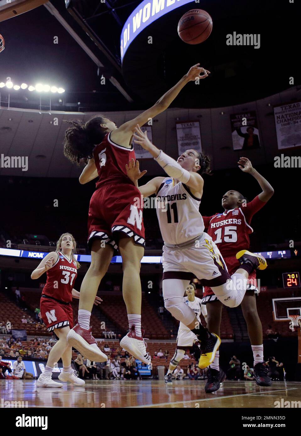 Arizona State guard Robbi Ryan (11) is blocked by Nebraska guard Nicea ...