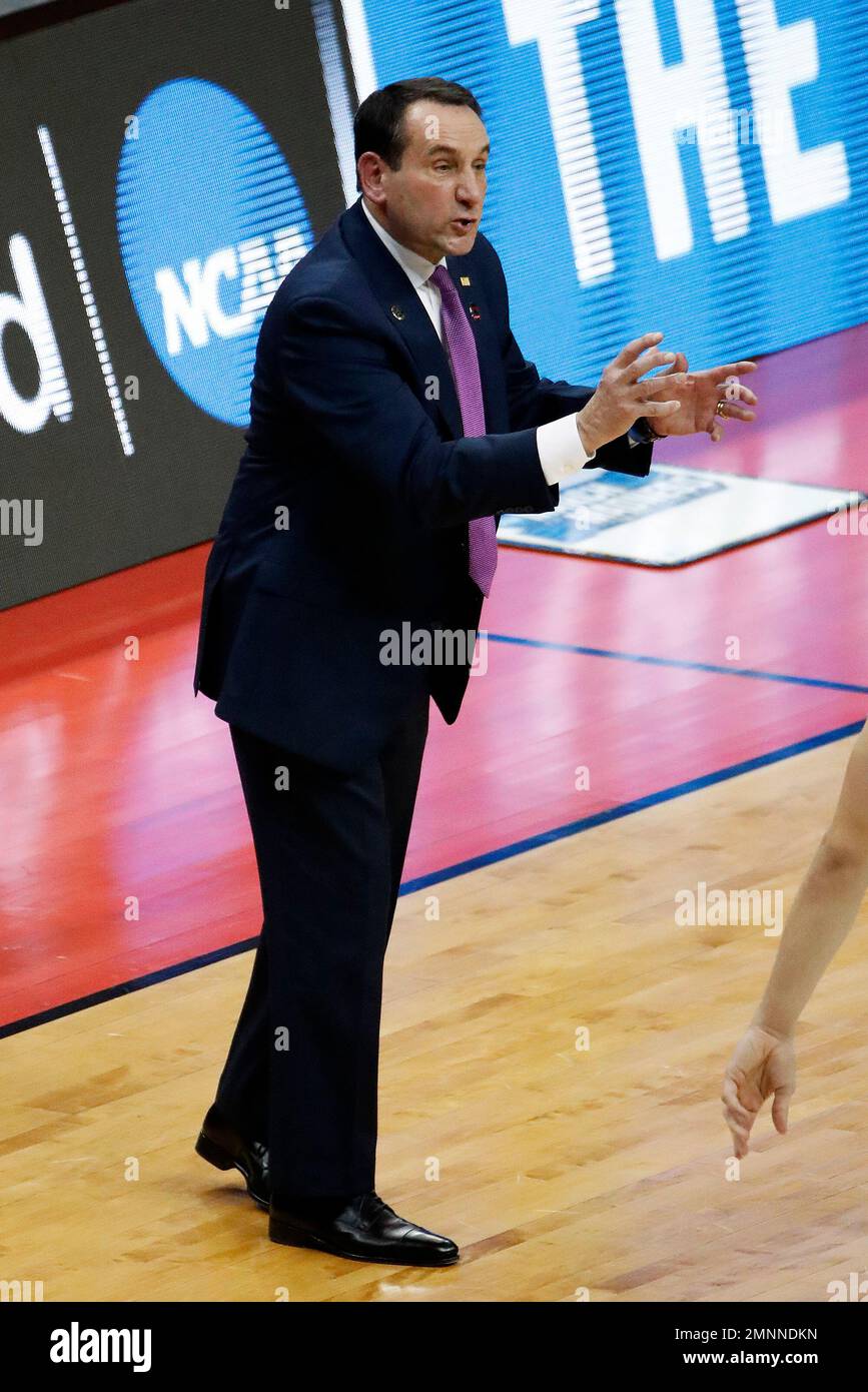 Duke head coach Mike Krzyzewski gives instructions during the second
