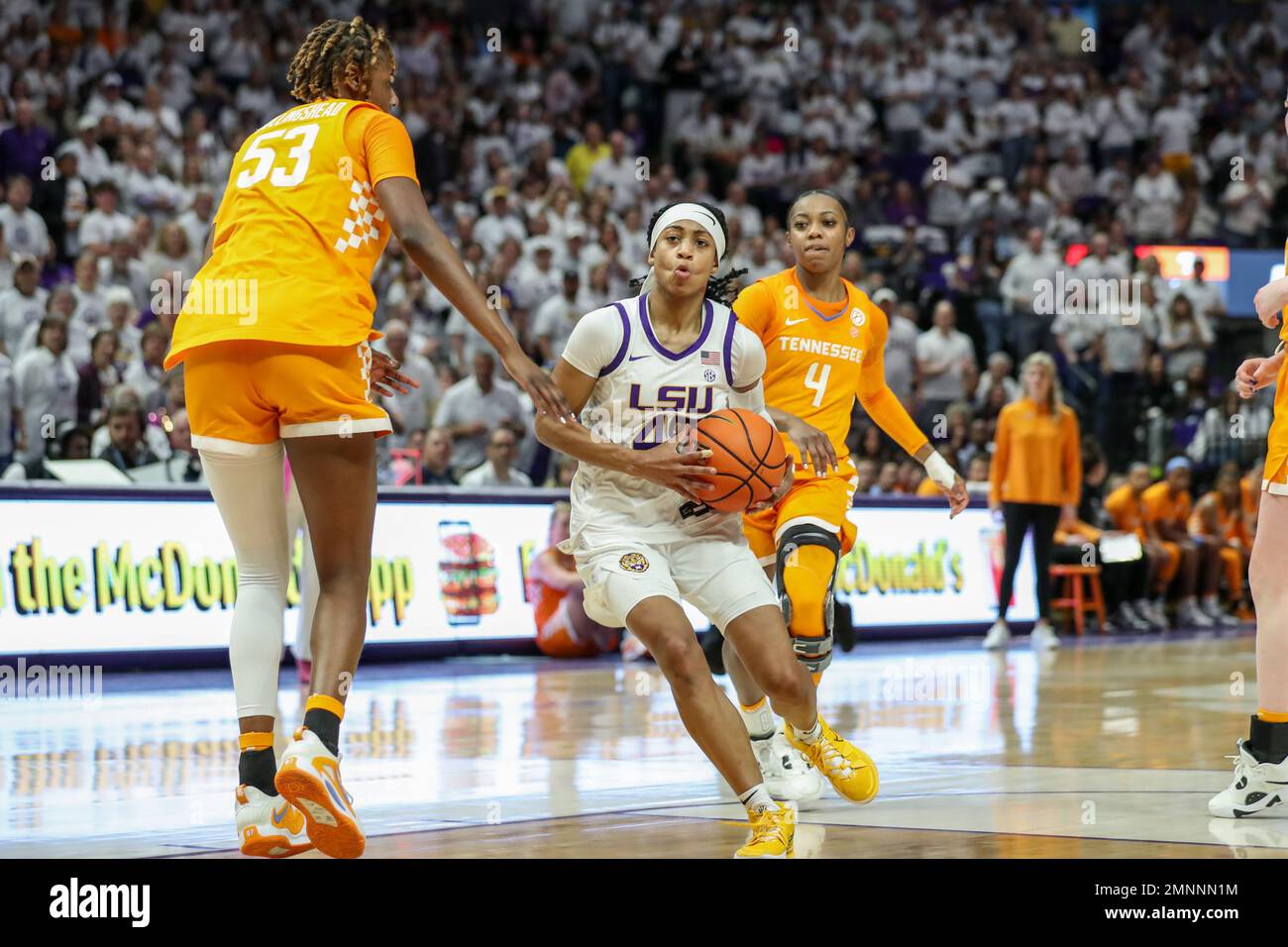 Baton Rouge, LA, USA. 30th Jan, 2023. LSU's Alexis Morris (45) tries to dribble around Tennessee's Jillian Hollingshead (53) during NCAA Women's Basketball action between the Tennessee Volunteers and the LSU Tigers at the Pete Maravich Assembly Center in Baton Rouge, LA. Jonathan Mailhes/CSM/Alamy Live News Stock Photo