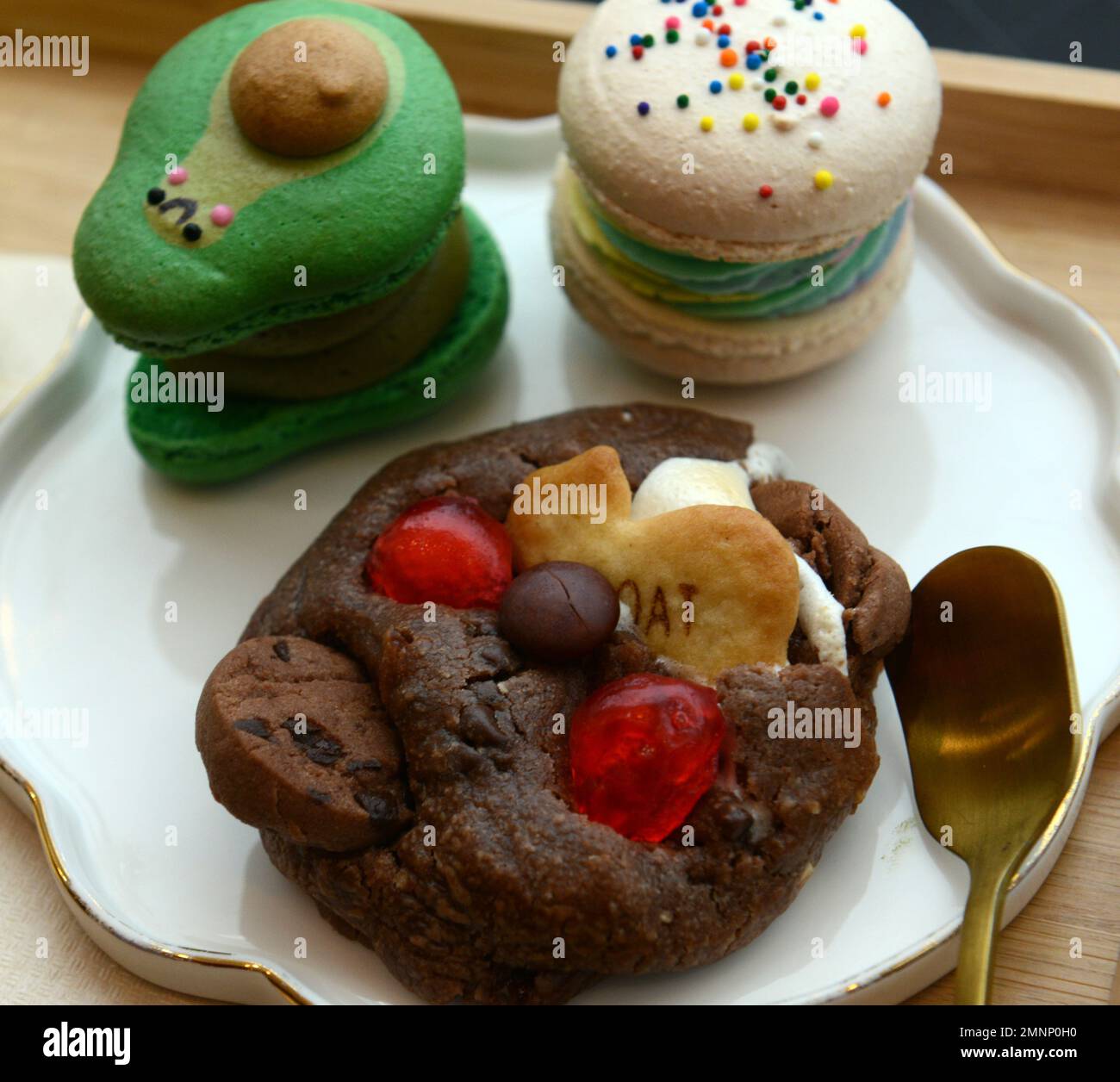 Macaroon cookies & Chocolate chip cookie. Stock Photo