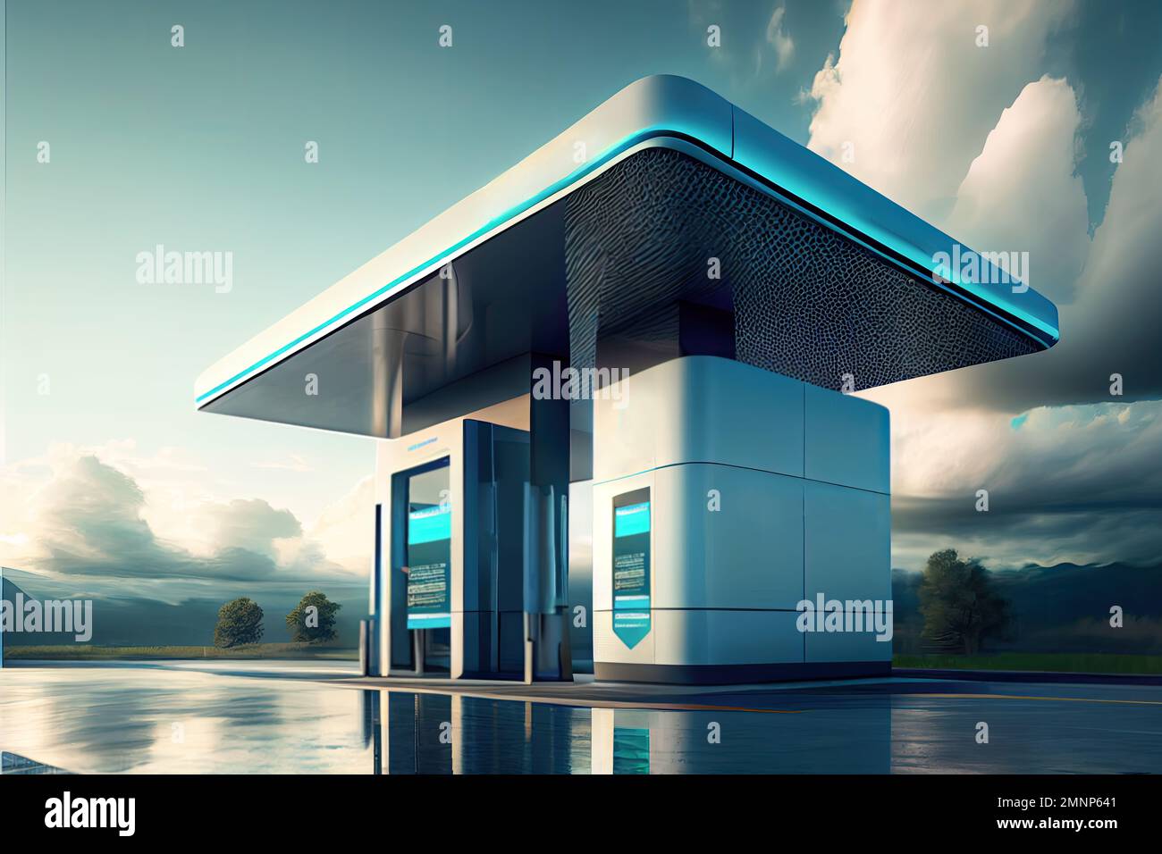 Ultramodern hydrogen gas station stands tall in open spacious area