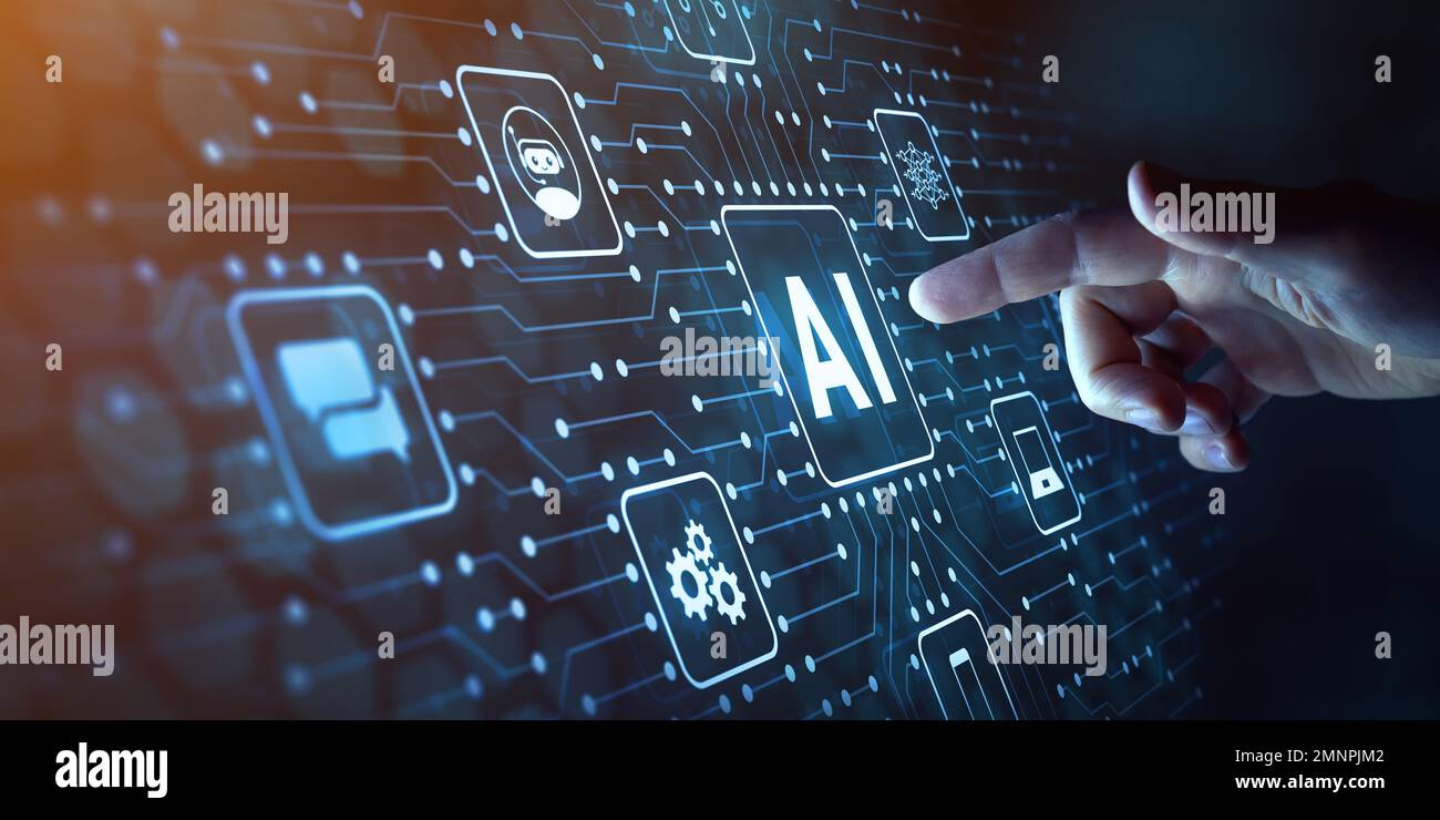 Artificial intelligence and machine learning technology with finger touching AI processor on electronic circuit. Engineer working with chatbot, smart Stock Photo