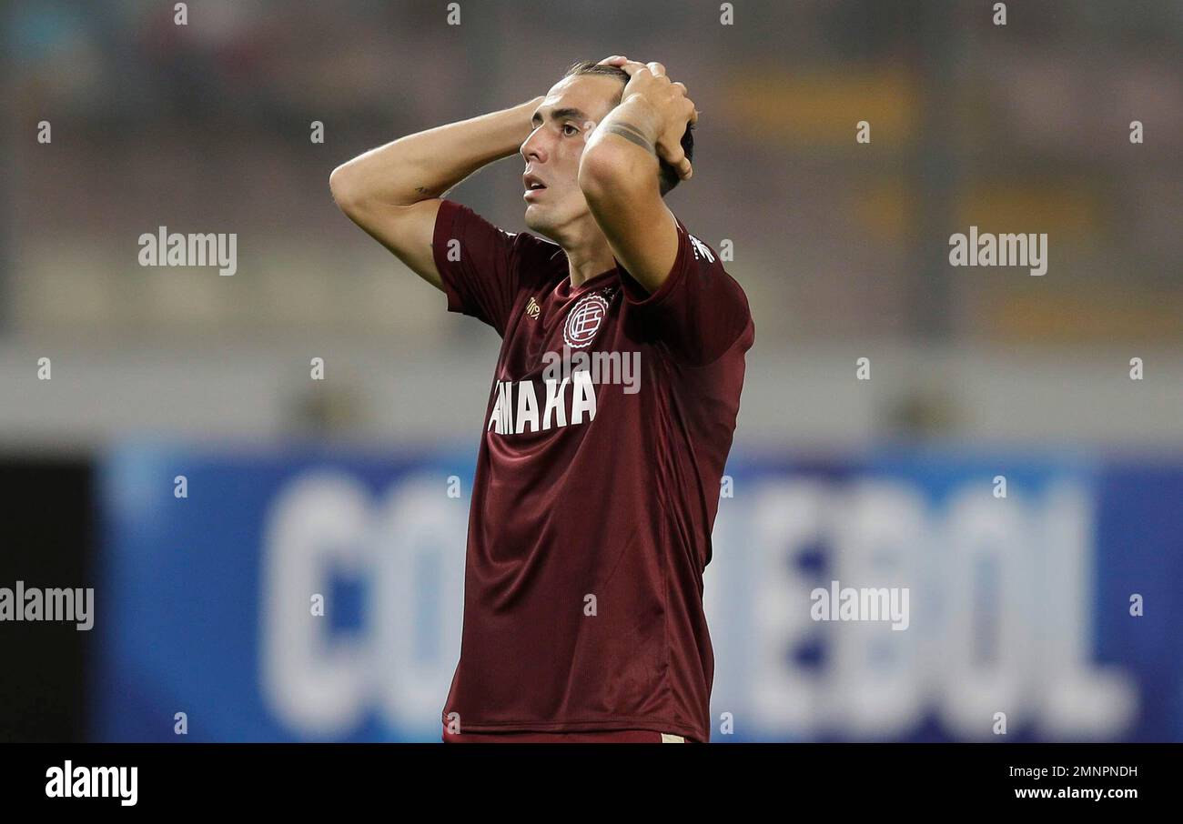 Gonzalo Di Renzo of Argentina's Lanus, reacts after fails an