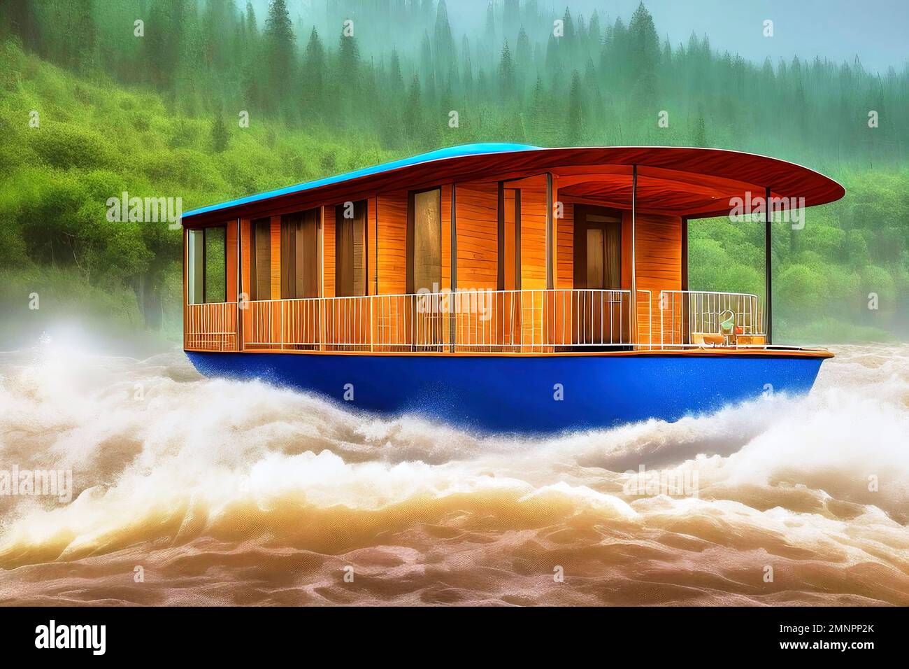 Empty houseboat is swept away in a storm by the raging brown river with foaming spray, eddies and waves, made with generative AI Stock Photo
