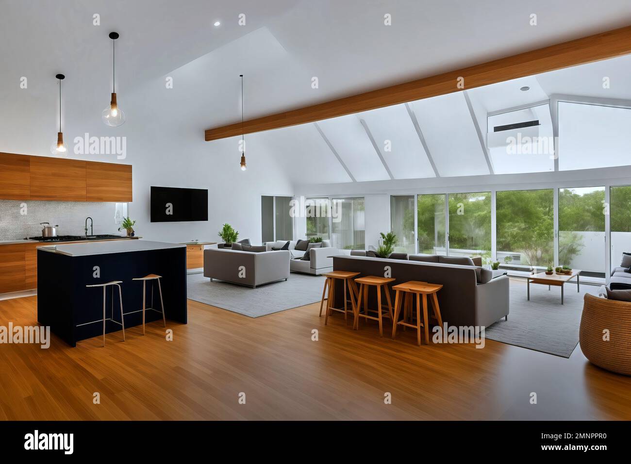 Modern, large, luxurious living room with floor-to-ceiling windows in front of the seating area and adjoining kitchenette, made with generative AI Stock Photo