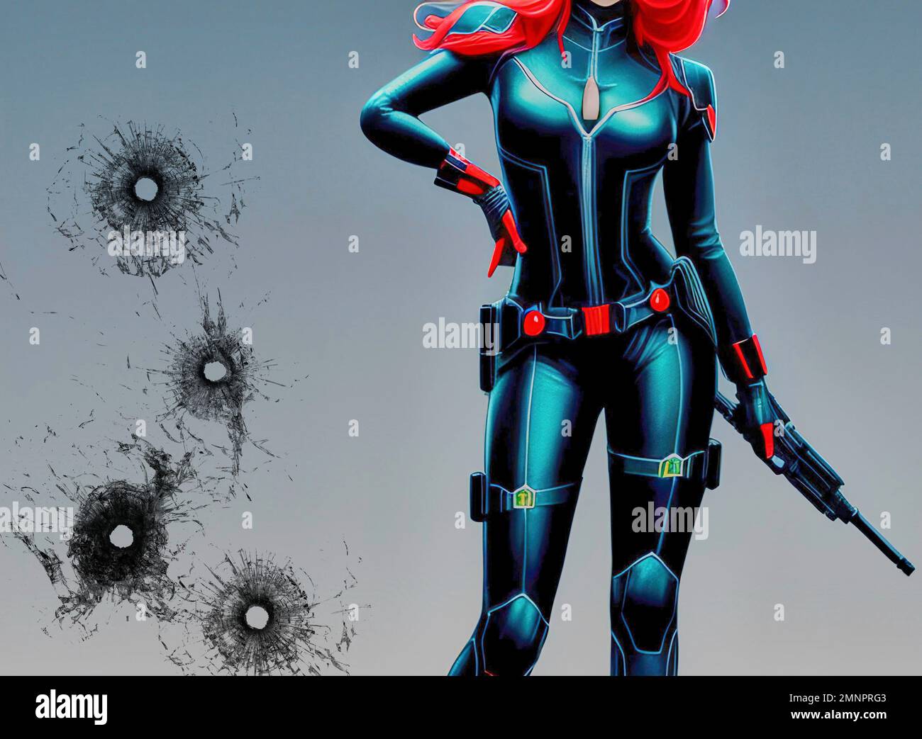 Body of an attractive curvy woman in a black body suit holding an assault rifle and bullet holes in the background, copyspace, made with generative AI Stock Photo
