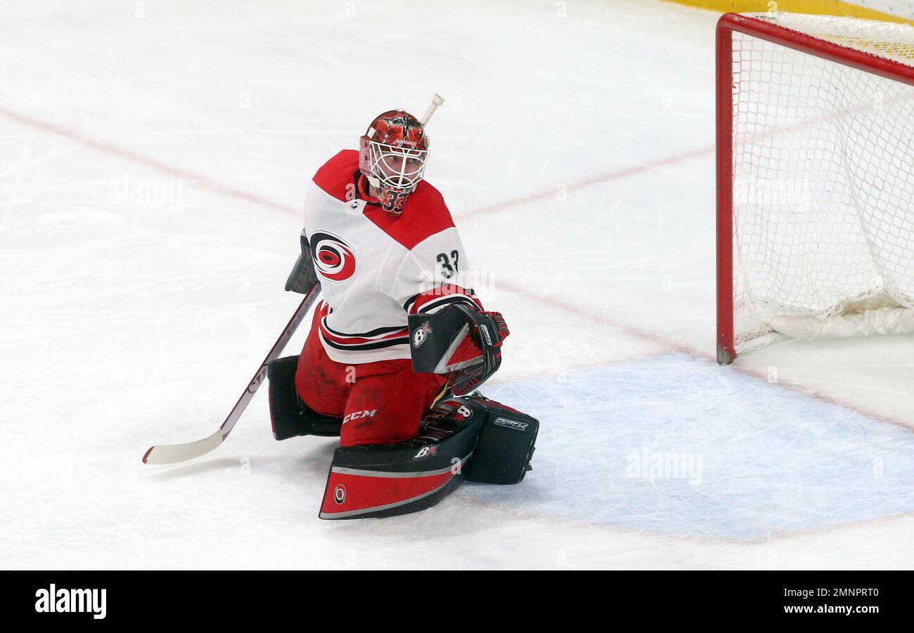 Carolina Hurricanes' goaltender Scott Darling defends the net against the Minnesota Wild in the