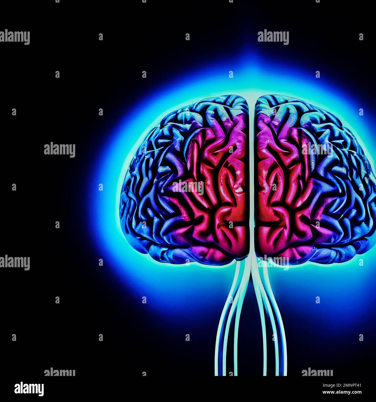 Abstract rendering of a glowing blue human brain with nerve cords against a dark background, made with generative AI Stock Photo