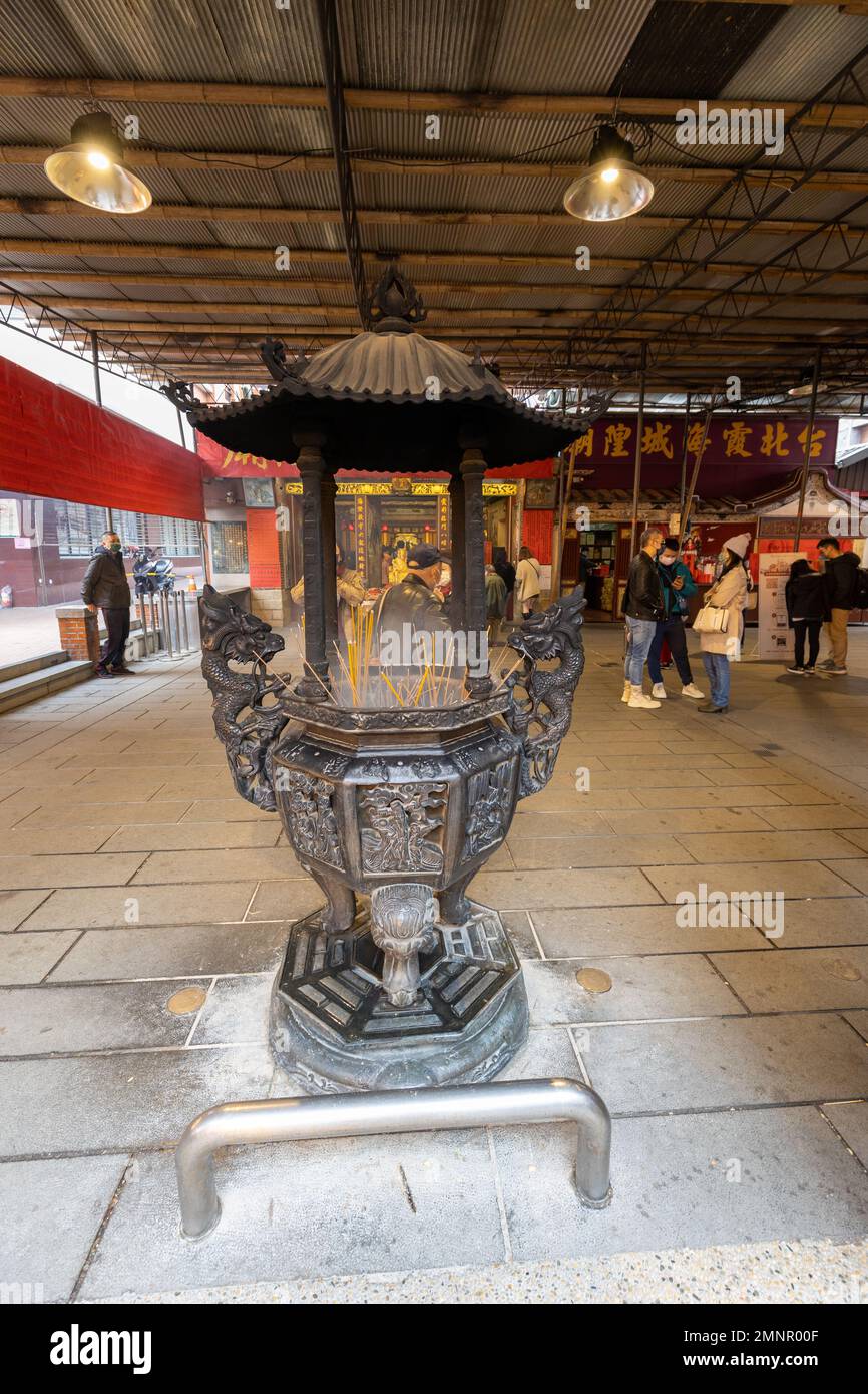 Incense burner at the Taipei City God temple at Dihua Street in Taipei. Stock Photo