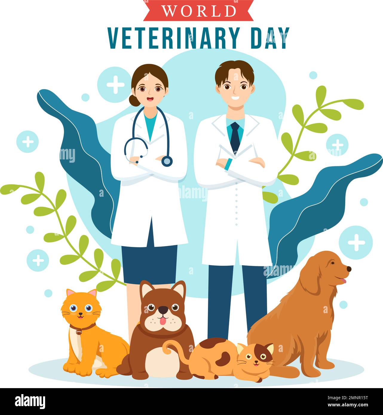 World Veterinary Day on April 29 Illustration with Doctor and Cute Animals Dogs or Cats in Flat Cartoon Hand Drawn for Landing Page Templates Stock Vector