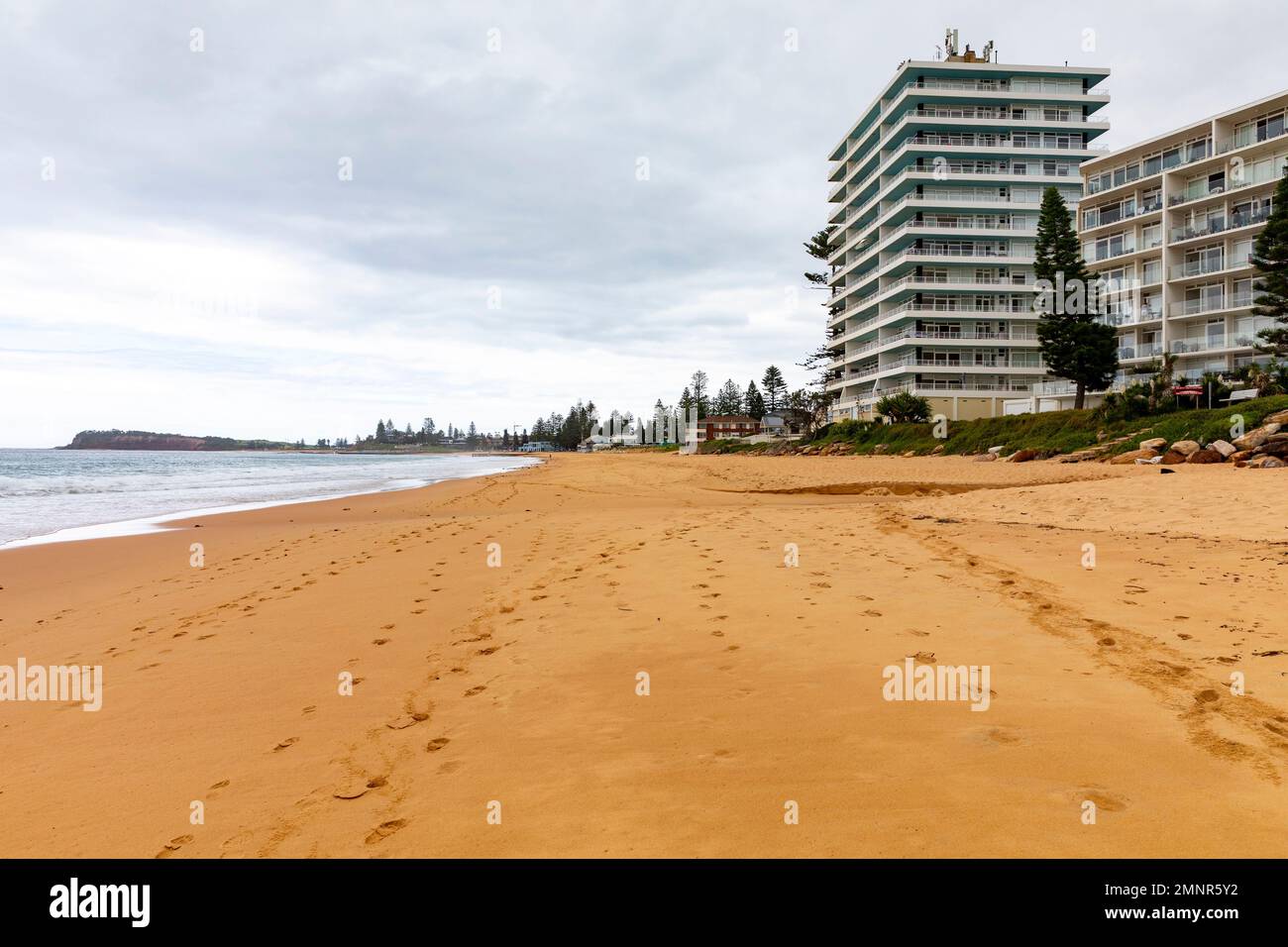 Collaroy Beach Sydney on an overcast summers day 2023, apartment buildings overlook the beach and ocean,Sydney,NSW,Australia Stock Photo