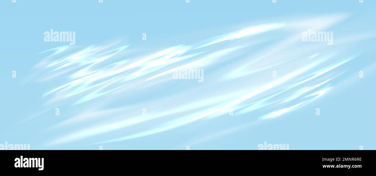 Abstract light blue background with white wavy lines. Realistic vector illustration of water, silky cloth, cloudy sky, watercolor art painting surface with curved pattern. Banner design backdrop Stock Vector