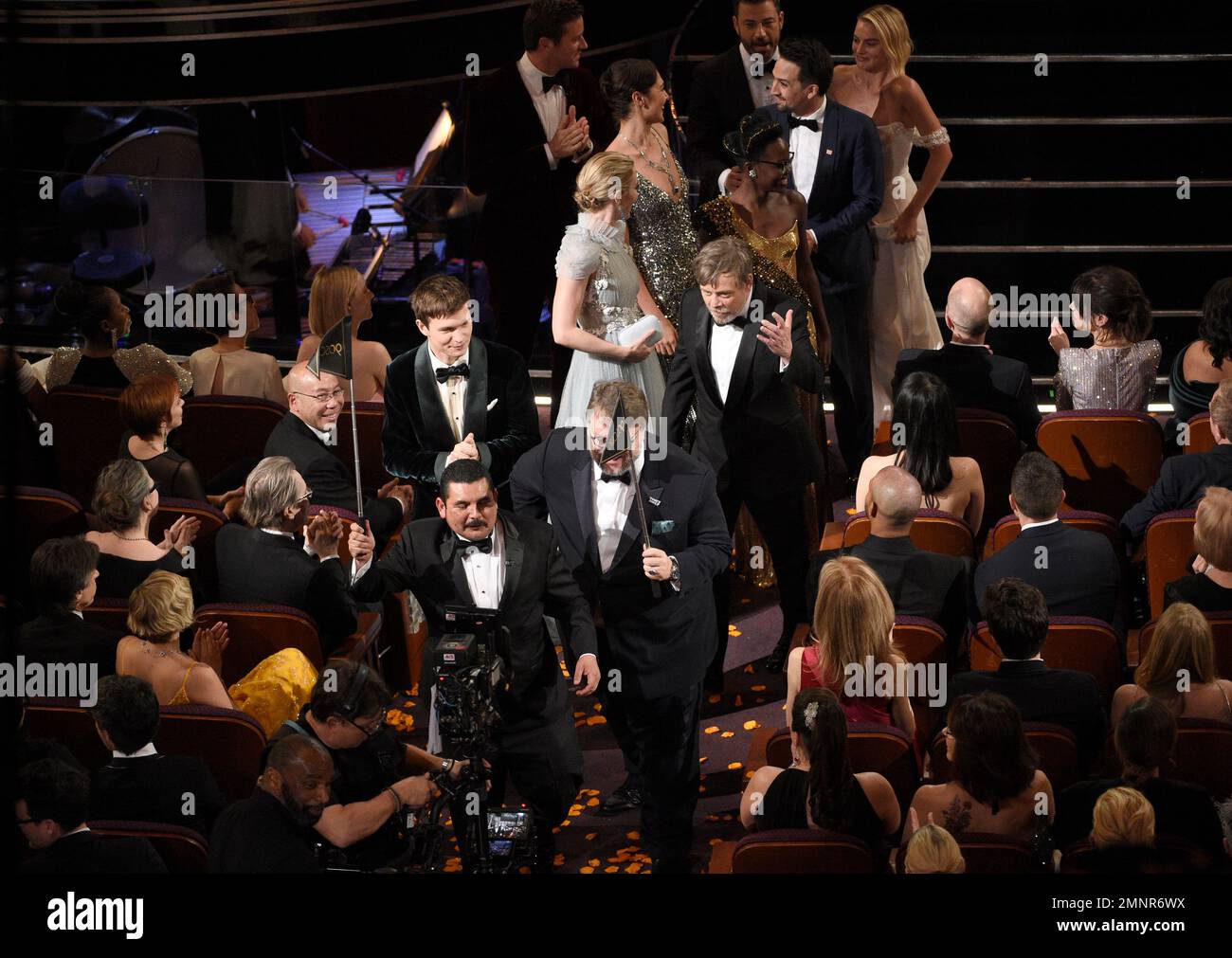 Guillermo Rodriguez, from foreground, Guillermo del Toro, Ansel Elgort ...