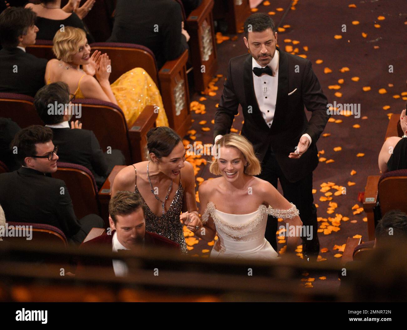 Armie Hammer, from left, Gal Gadot, Margot Robbie and Jimmy Kimmel walk(02)