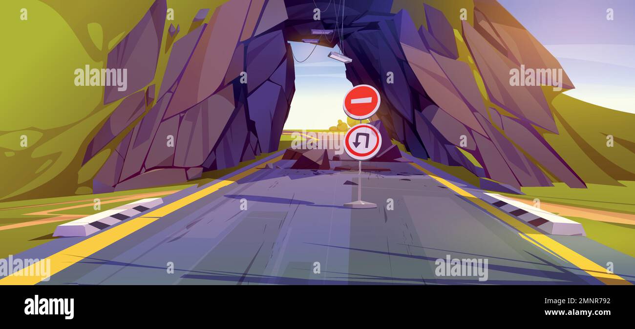Tunnel road after landslide or earthquake with entry forbidden and u-turn signs. Car highway with tunnel in mountain, stones on asphalt and reversal road sign, vector cartoon illustration Stock Vector