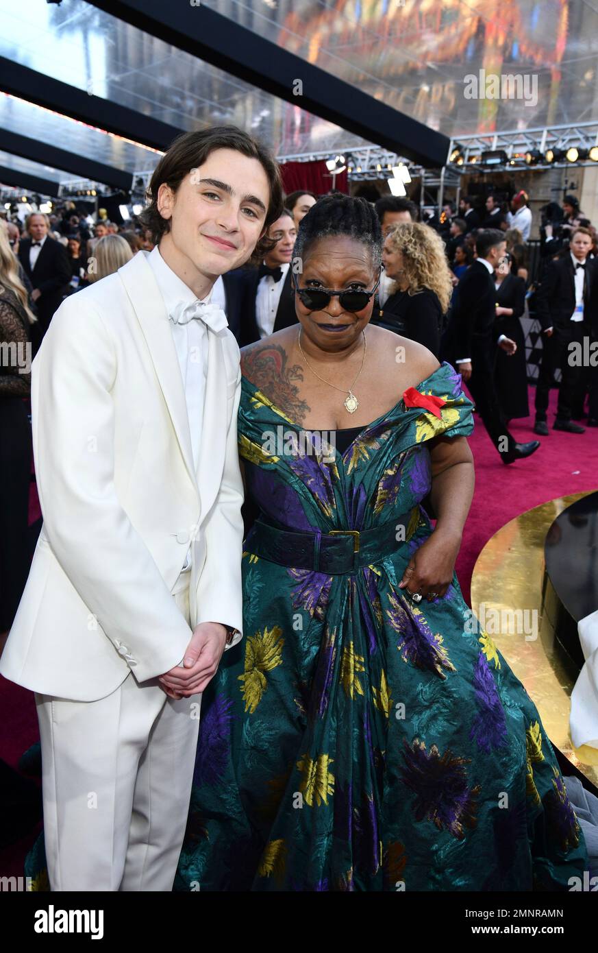 Timothee Chalamet left and Whoopi Goldberg arrive at the Oscars