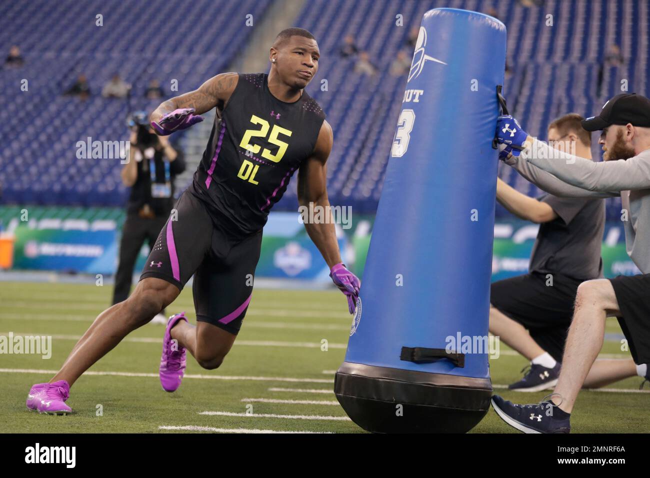 Kansas defensive lineman Dorance Armstrong runs a drill at the NFL