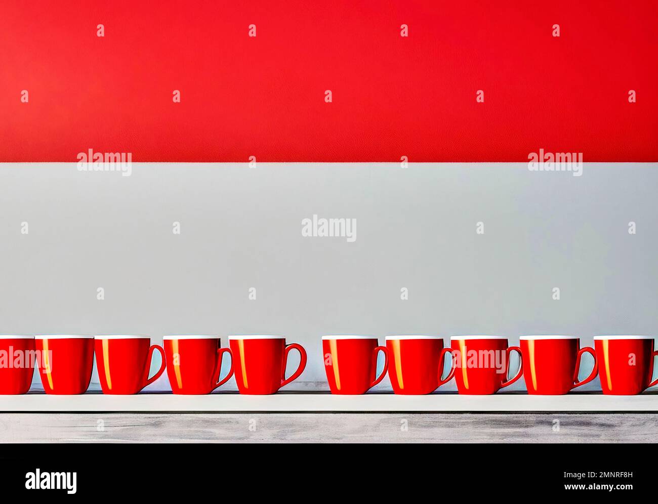 Abstract minimal image of red coffee mugs on a board in front of a half white and red wall, copyspace, made with generative AI Stock Photo