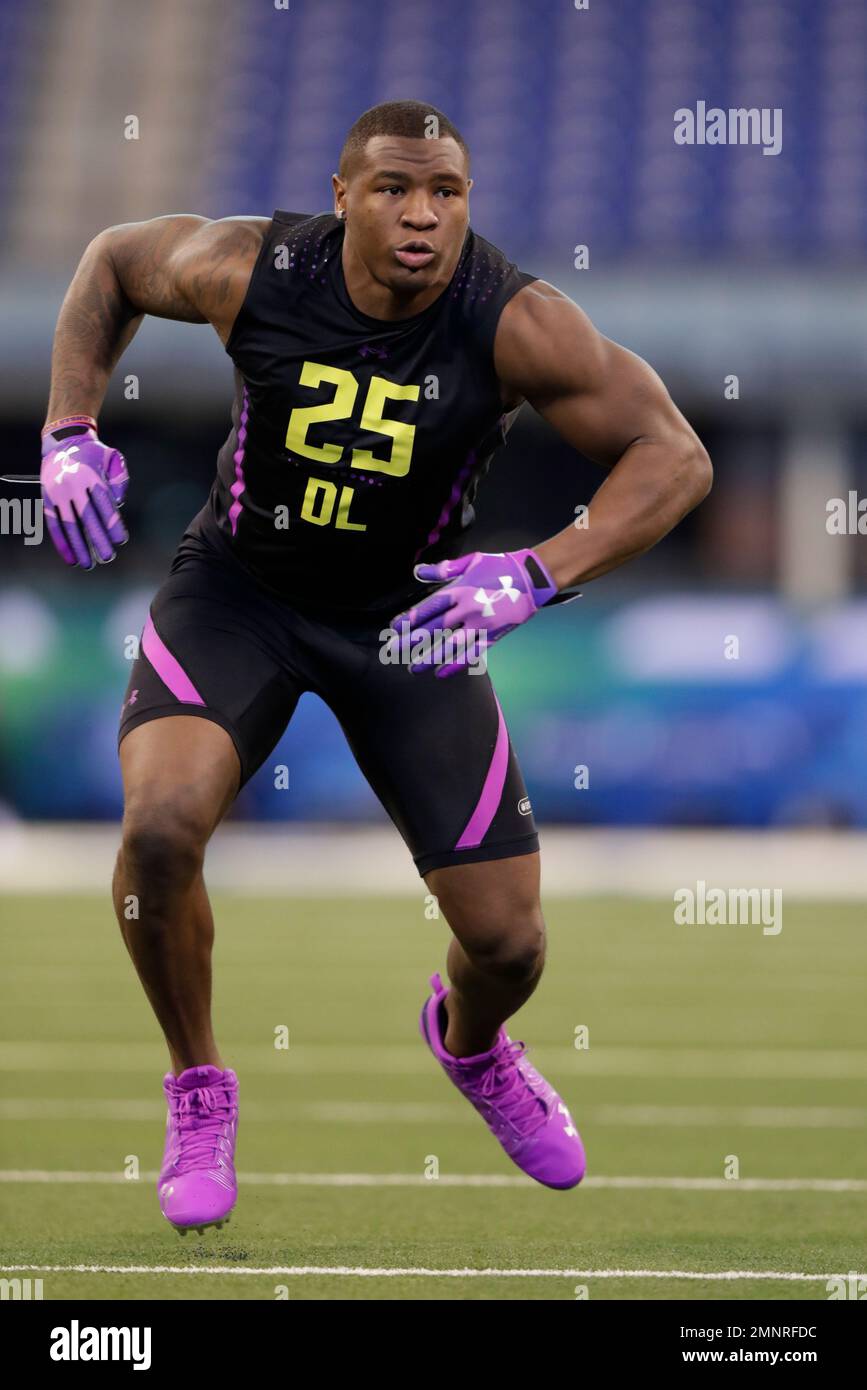 Kansas defensive lineman Dorance Armstrong runs a drill at the NFL