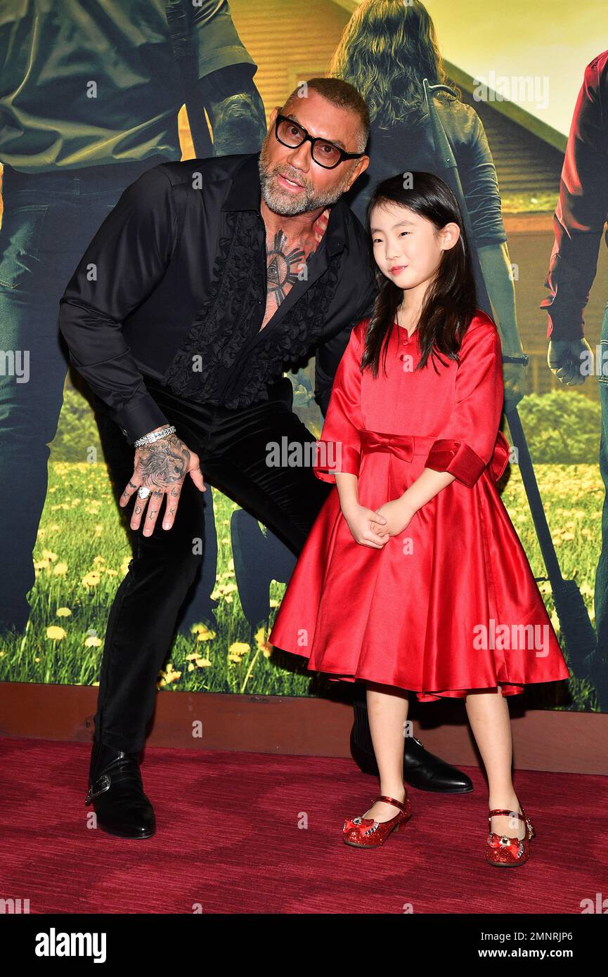 New York, USA. 30th Jan, 2023. (L-R) Dave Bautista and Kristen Cui attend the 'Knock at the Cabin' world premiere at Jazz at Lincoln Center's Frederick P. Rose Hall, New York, NY, January 30, 2023. (Photo by Anthony Behar/Sipa USA) Credit: Sipa USA/Alamy Live News Stock Photo