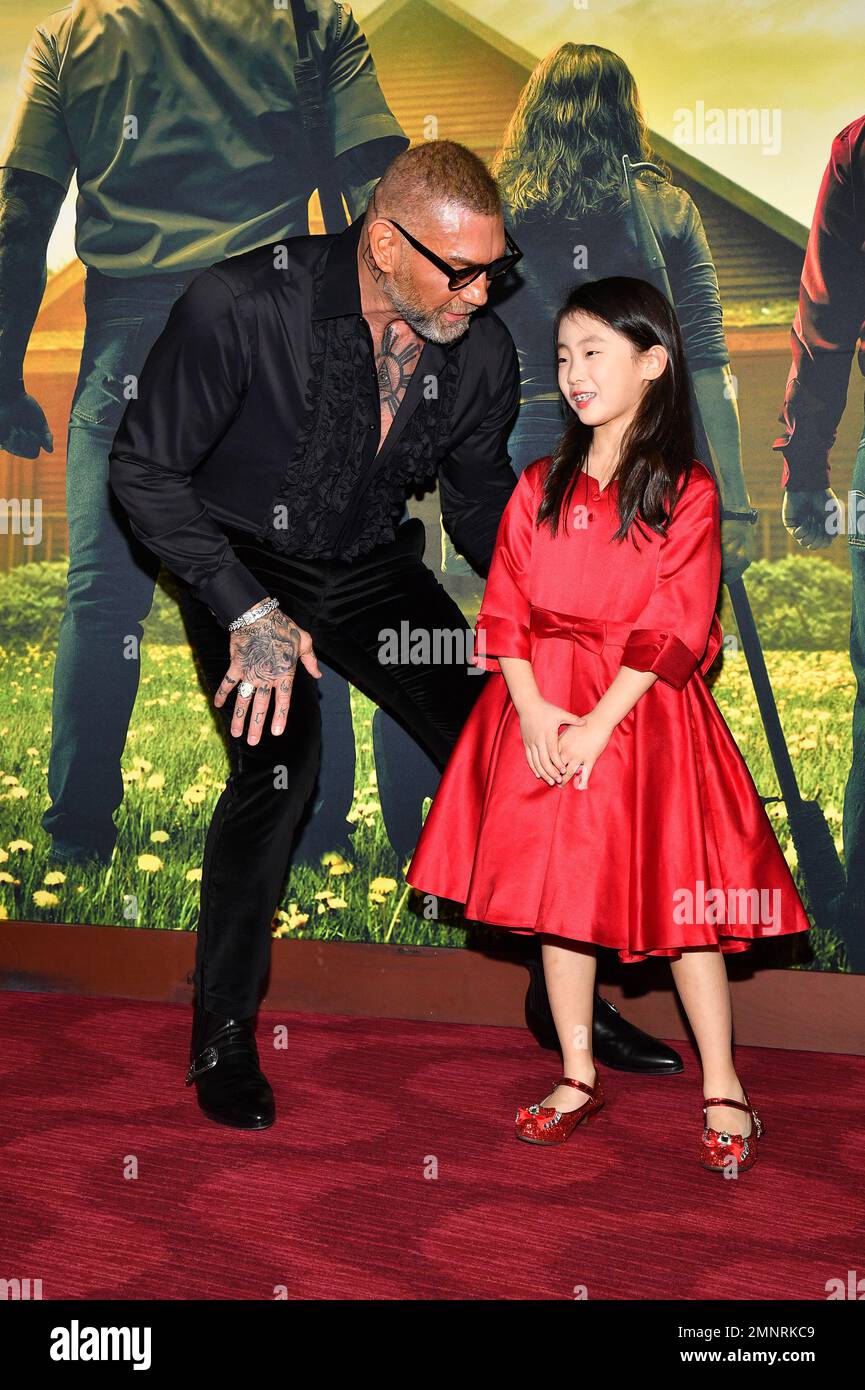 New York, USA. 30th Jan, 2023. (L-R) Dave Bautista and Kristen Cui attend the 'Knock at the Cabin' world premiere at Jazz at Lincoln Center's Frederick P. Rose Hall, New York, NY, January 30, 2023. (Photo by Anthony Behar/Sipa USA) Credit: Sipa USA/Alamy Live News Stock Photo