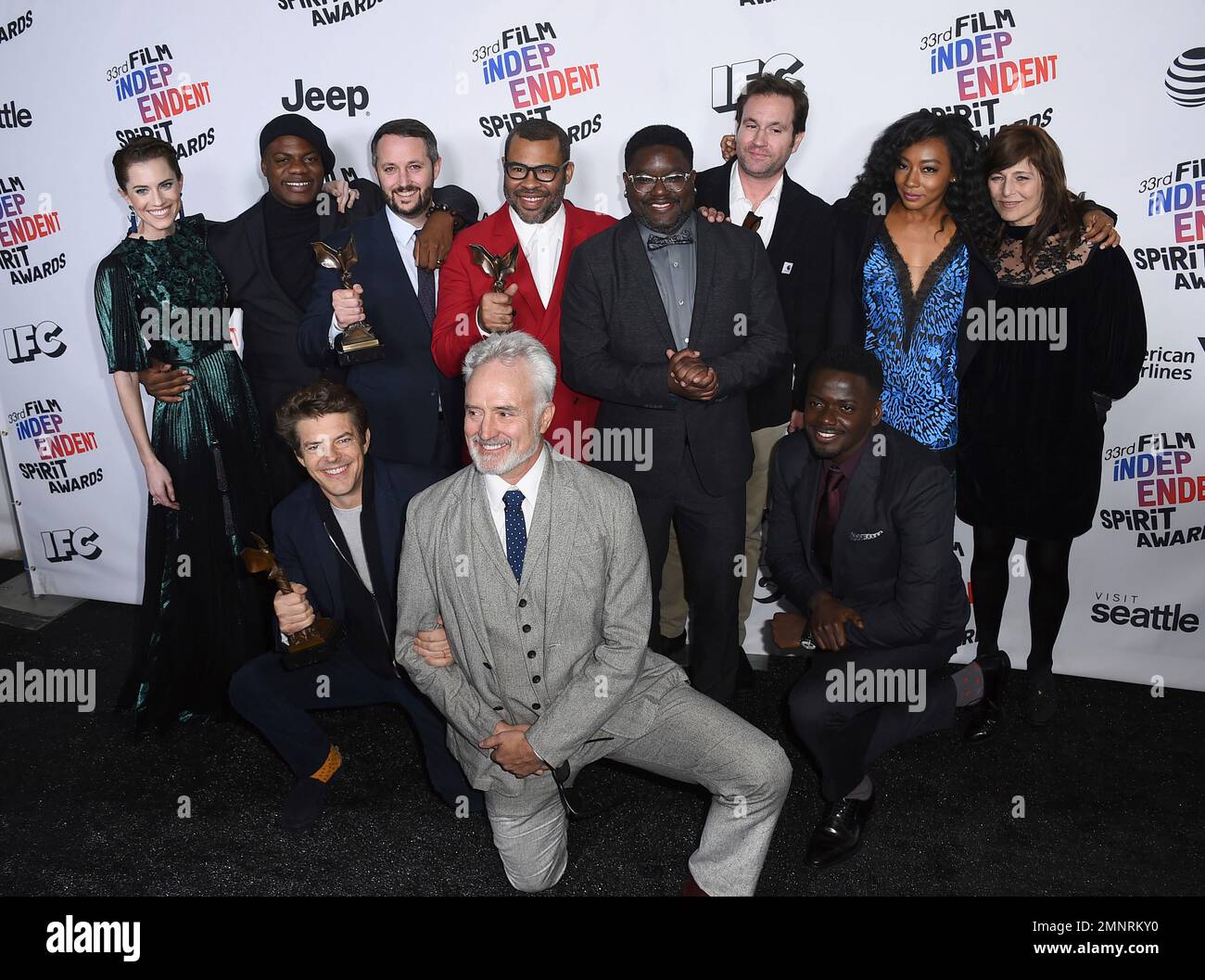 The cast and crew of &ldquo;Get Out&rdquo; poses in the press room with their