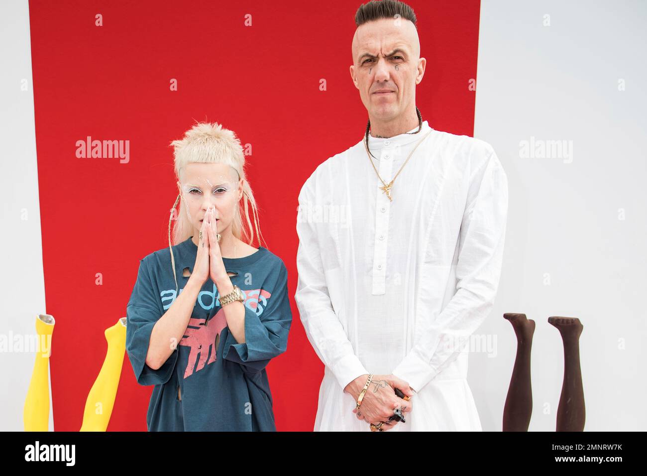 Musicians Watkin Tudor Jones a.k.a. Ninja and Yolandi Visser of Die Antwoord  pose for photographers before the Andreas Kronthaler for Vivienne Westwood  ready-to-wear fall/winter 2018/2019 fashion week runway show in Paris,  Saturday,, image size:1300x956
