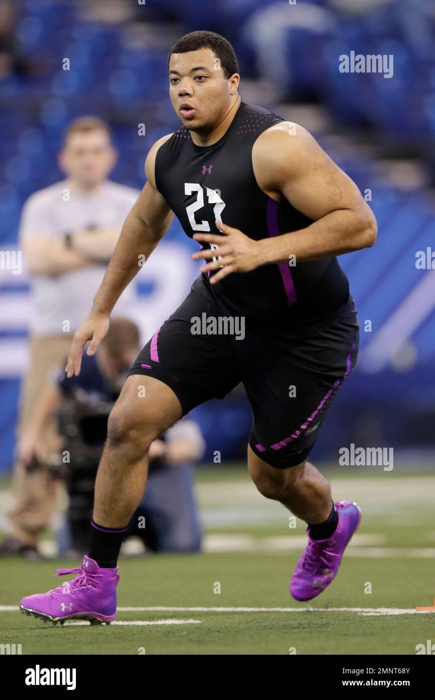 TCU offensive lineman Joe Noteboom runs a drill at the NFL football  scouting combine in Indianapolis, Friday, March 2, 2018. (AP Photo/Michael  Conroy Stock Photo - Alamy