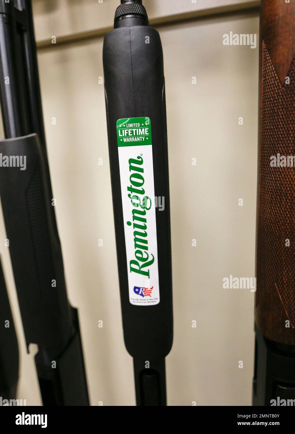Rem Label In this Thursday, March 1, 2018, photo the Remington label is seen on a ...