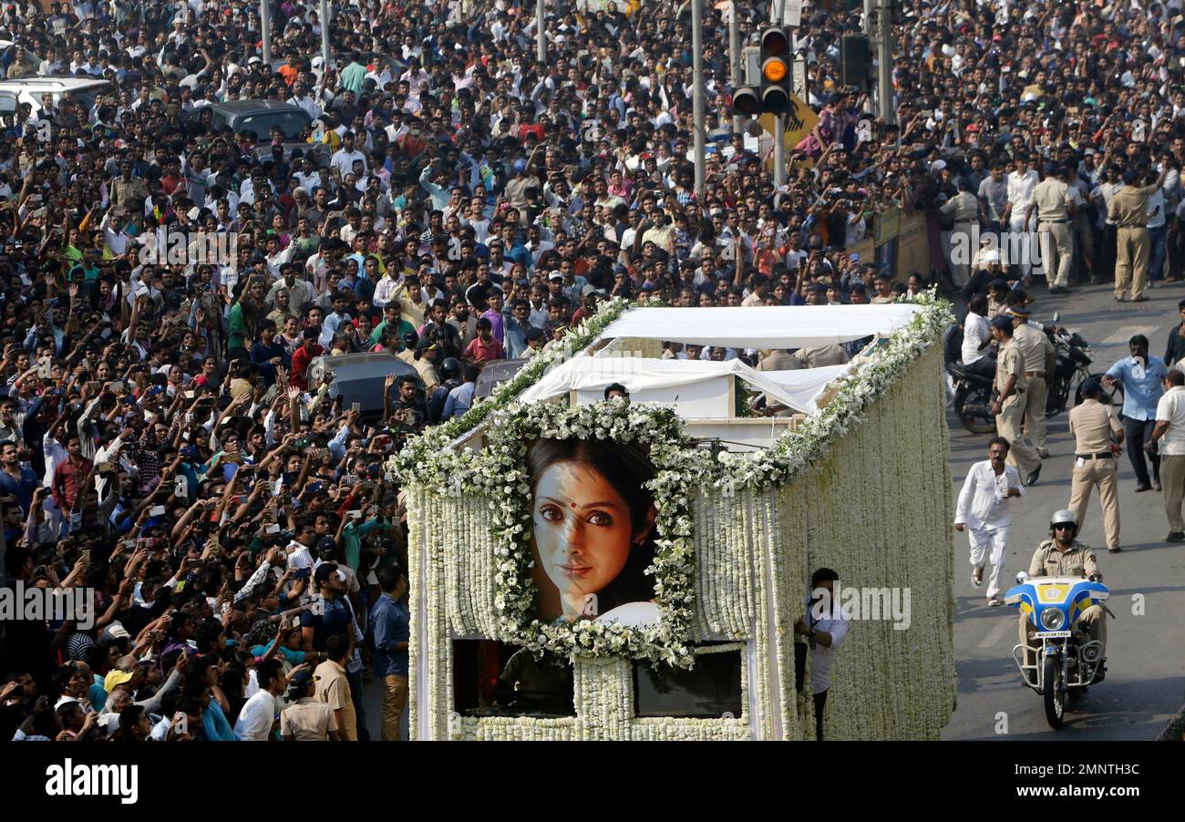 The body of Indian actress Sridevi is carried in truck during her