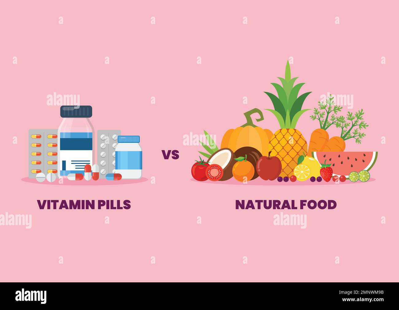 Vitamin pills vs natural food healthy eating concept. Vector
