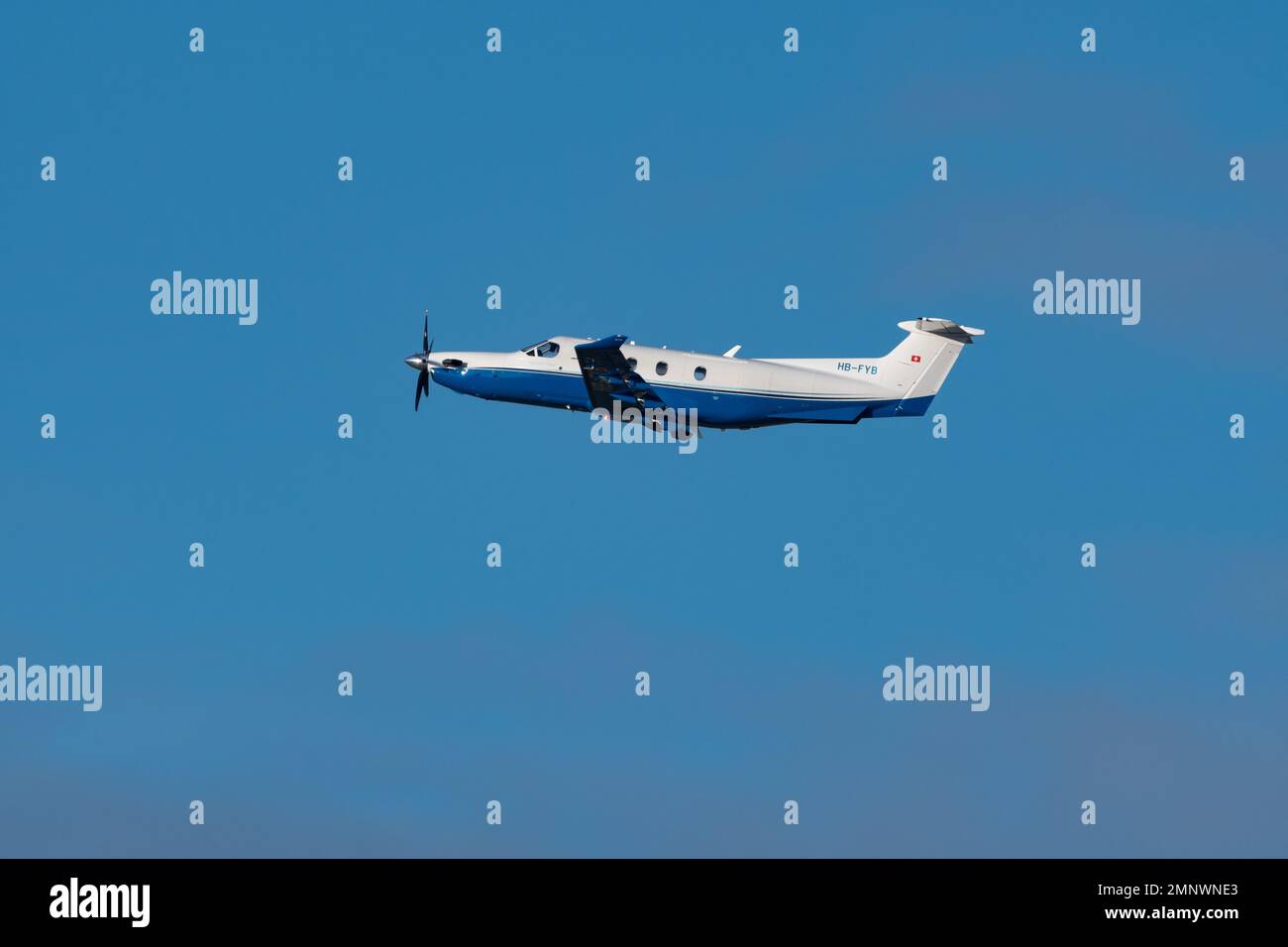 Zurich, Switzerland, January 19, 2023 Pilatus PC-12 NG is departing from runway 28 Stock Photo