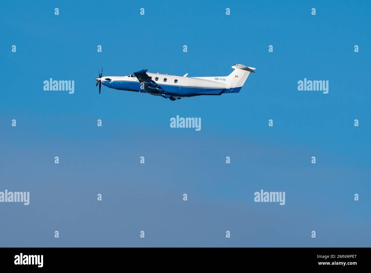 Zurich, Switzerland, January 19, 2023 Pilatus PC-12 NG is departing from runway 28 Stock Photo
