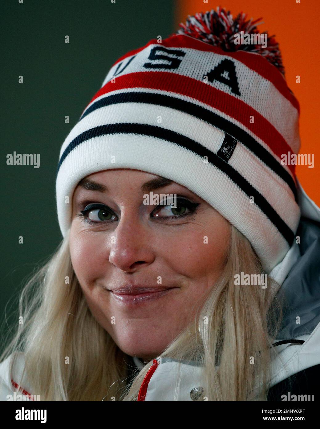 United States' Lindsey Vonn smiles while speaking at a press conference