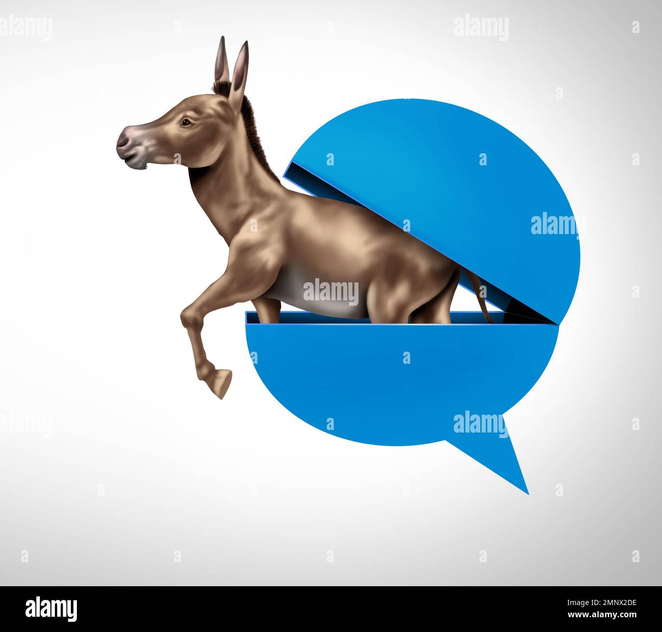 Left Wing Commentary and liberal talk symbol as an open blue speech bubble with a donkey emerging out as a symbol of politics in the United States Stock Photo