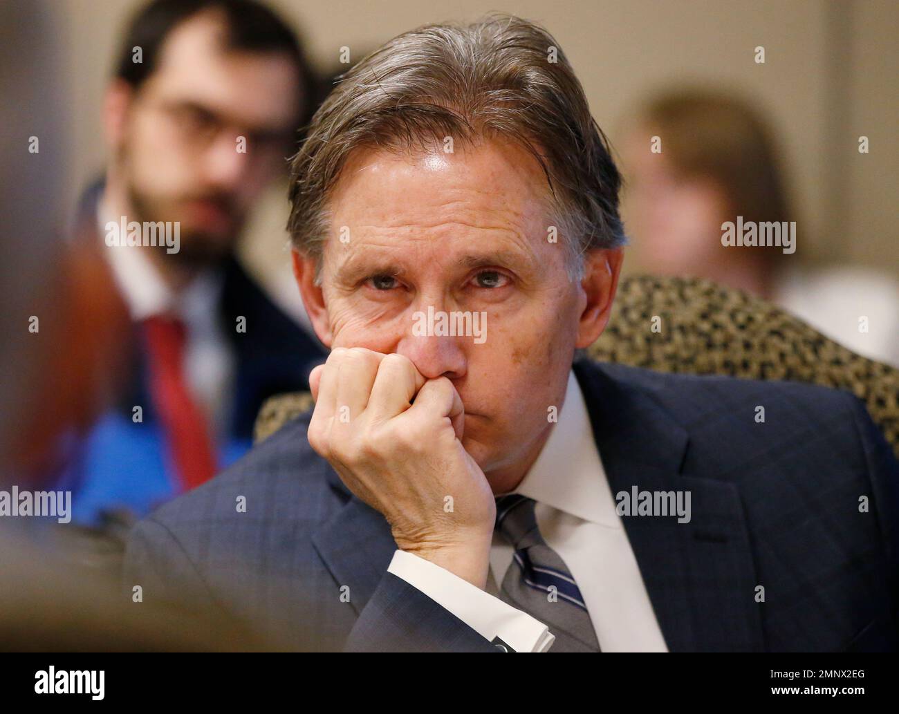 Oklahoma Attorney General Mike Hunter listens during a Board of